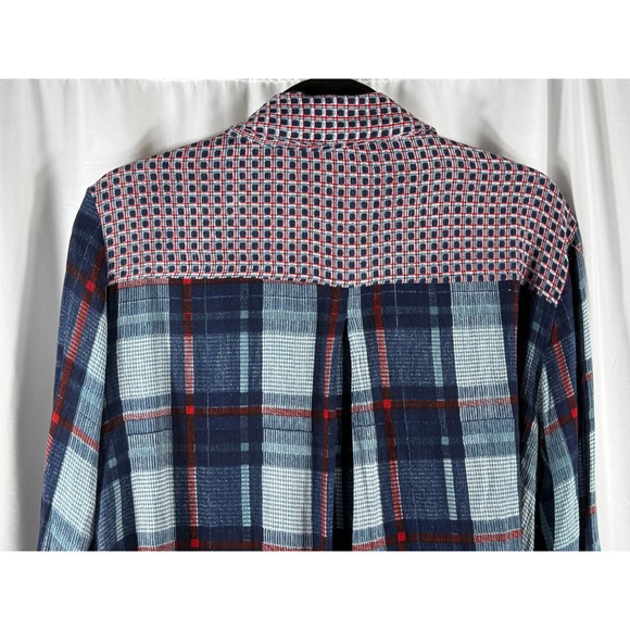 Bila Women's Plaid Long Sleeve Button Up Shirt Ruffle Trim Blue Red Large - Picture 7 of 8